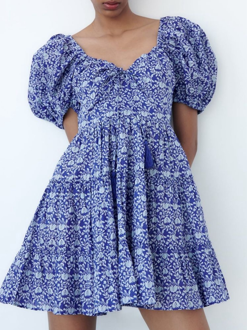 Zara Blue Floral Puff-Sleeve Mini Dress